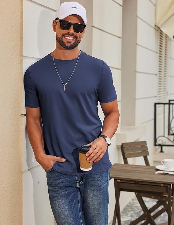 Navy Men's T Shirt Short Sleeve Cotton Blend T-Shirts - Image 2