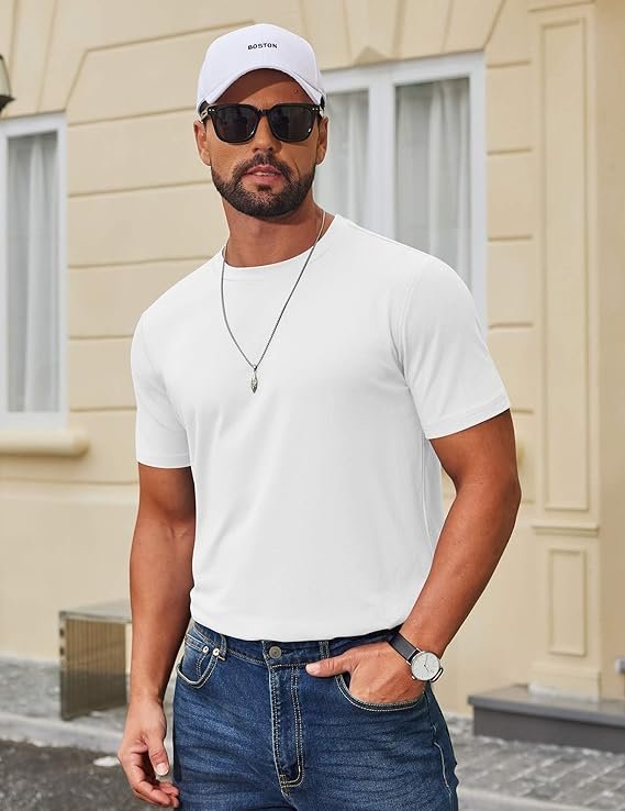 White Men's T Shirt Short Sleeve Cotton Blend T-Shirts - Image 3