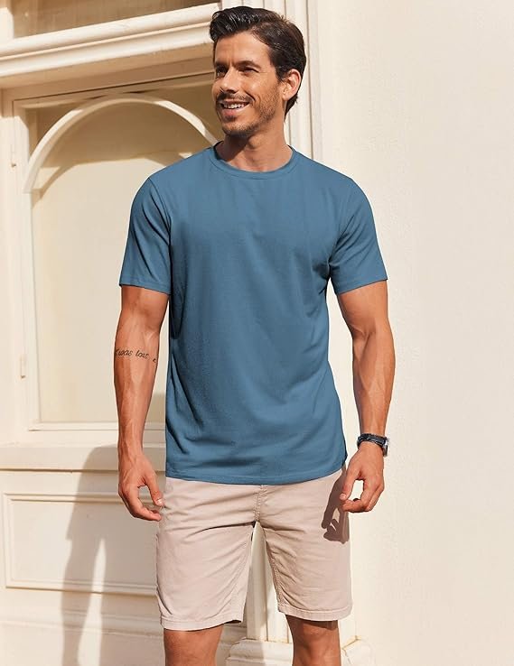 Dark Blue Men's T Shirt Short Sleeve Cotton Blend T-Shirts - Image 3