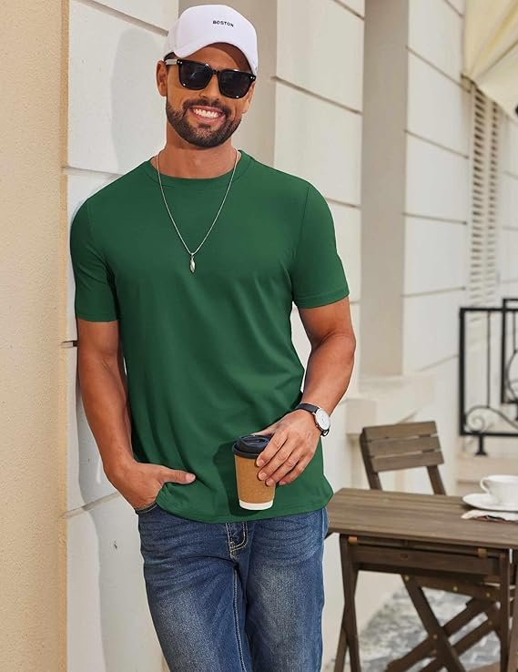 Green Men's T Shirt Short Sleeve Cotton Blend T-Shirts - Image 2