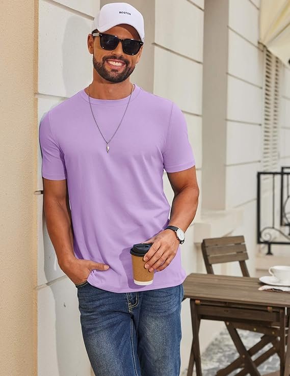 Light Purple Men's T Shirt Short Sleeve Cotton Blend T-Shirts - Image 2