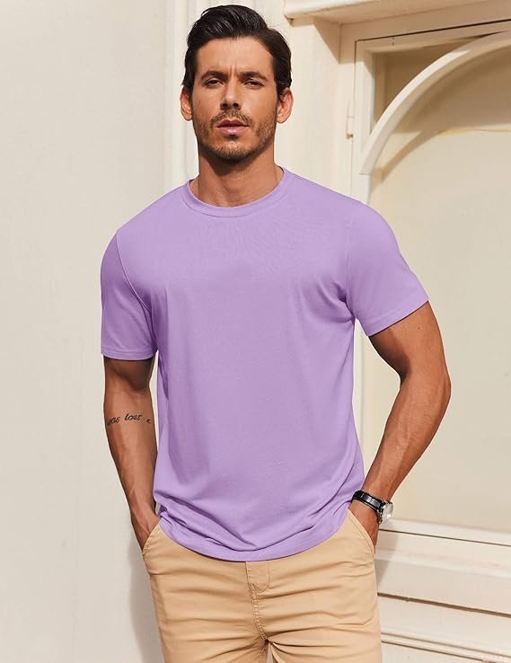 Light Purple Men's T Shirt Short Sleeve Cotton Blend T-Shirts - Image 3