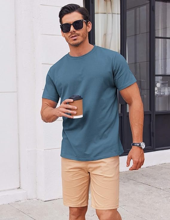 Dark Blue Men's T Shirt Short Sleeve Cotton Blend T-Shirts - Image 2