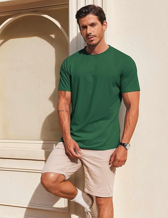 Green Men's T Shirt Short Sleeve Cotton Blend T-Shirts - Image 3