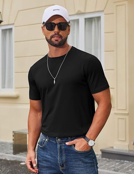 Black Men's T Shirt Short Sleeve Cotton Blend T-Shirts - Image 2