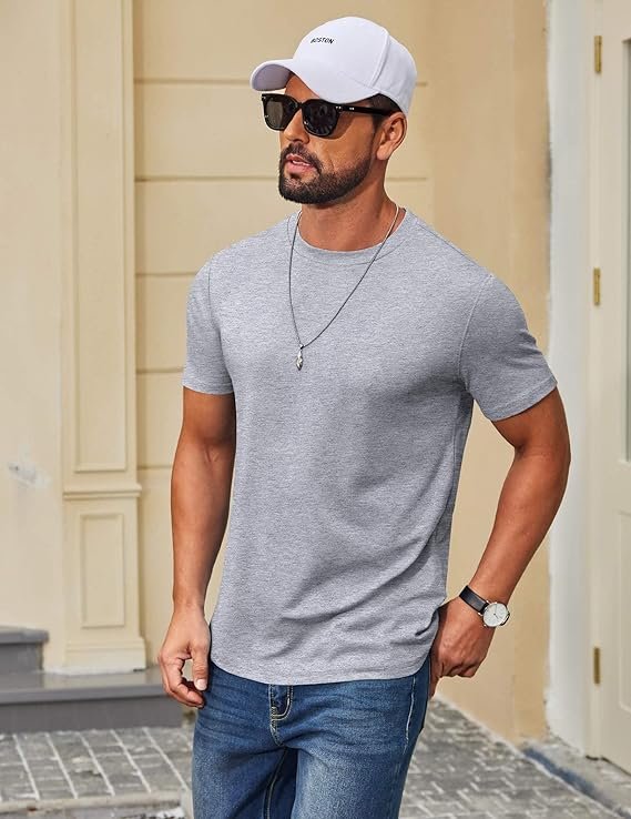 Light Grey Men's T Shirt Short Sleeve Cotton Blend T-Shirts - Image 2