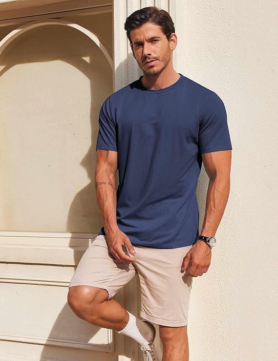 Navy Men's T Shirt Short Sleeve Cotton Blend T-Shirts - Image 3
